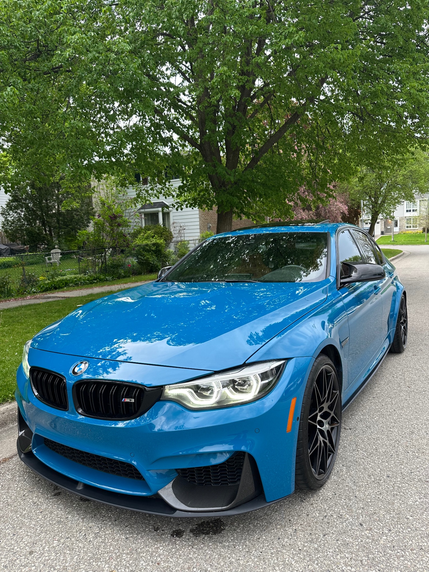 2018 BMW M3 F80 in Laguna Seca Blue, front three-quarter view